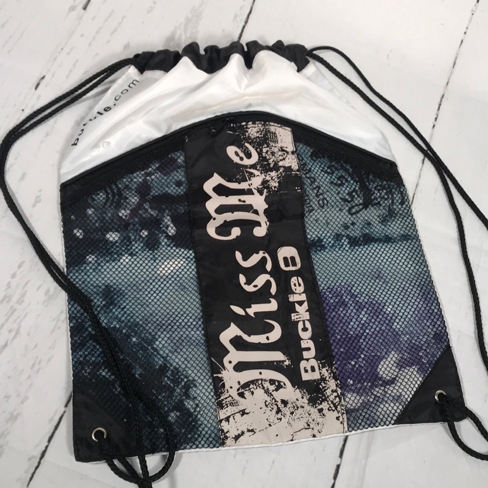 Miss Me Buckle cinch travel backpack bag Blue black white Lightweight